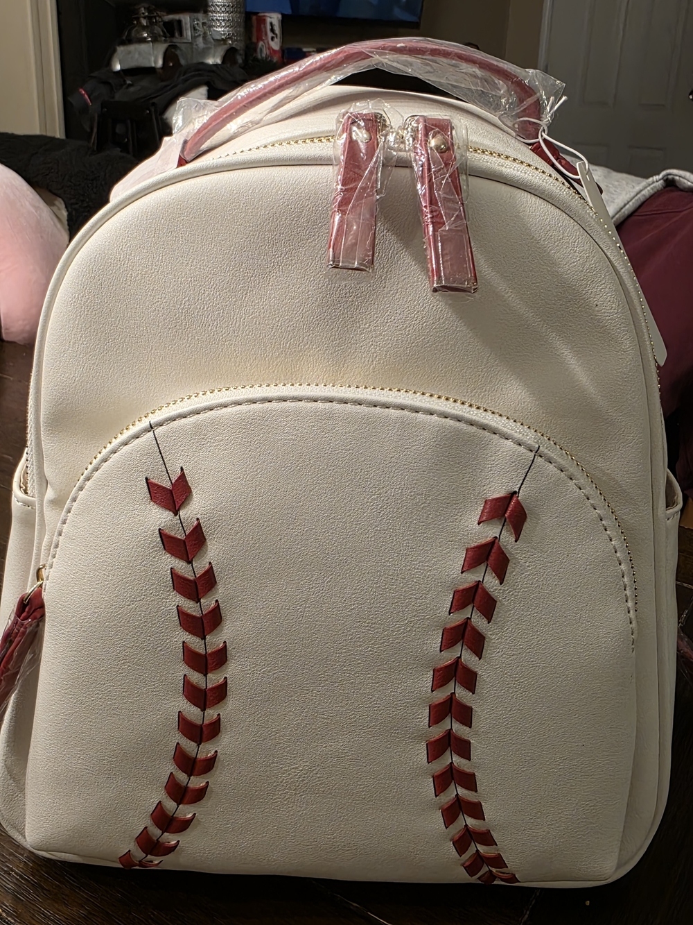 Women’s Cream Baseball-Stitch Backpack